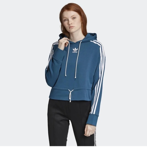 Adidas classic stripe turquoise cropped long sleeve hoodie size Large - Picture 3 of 11